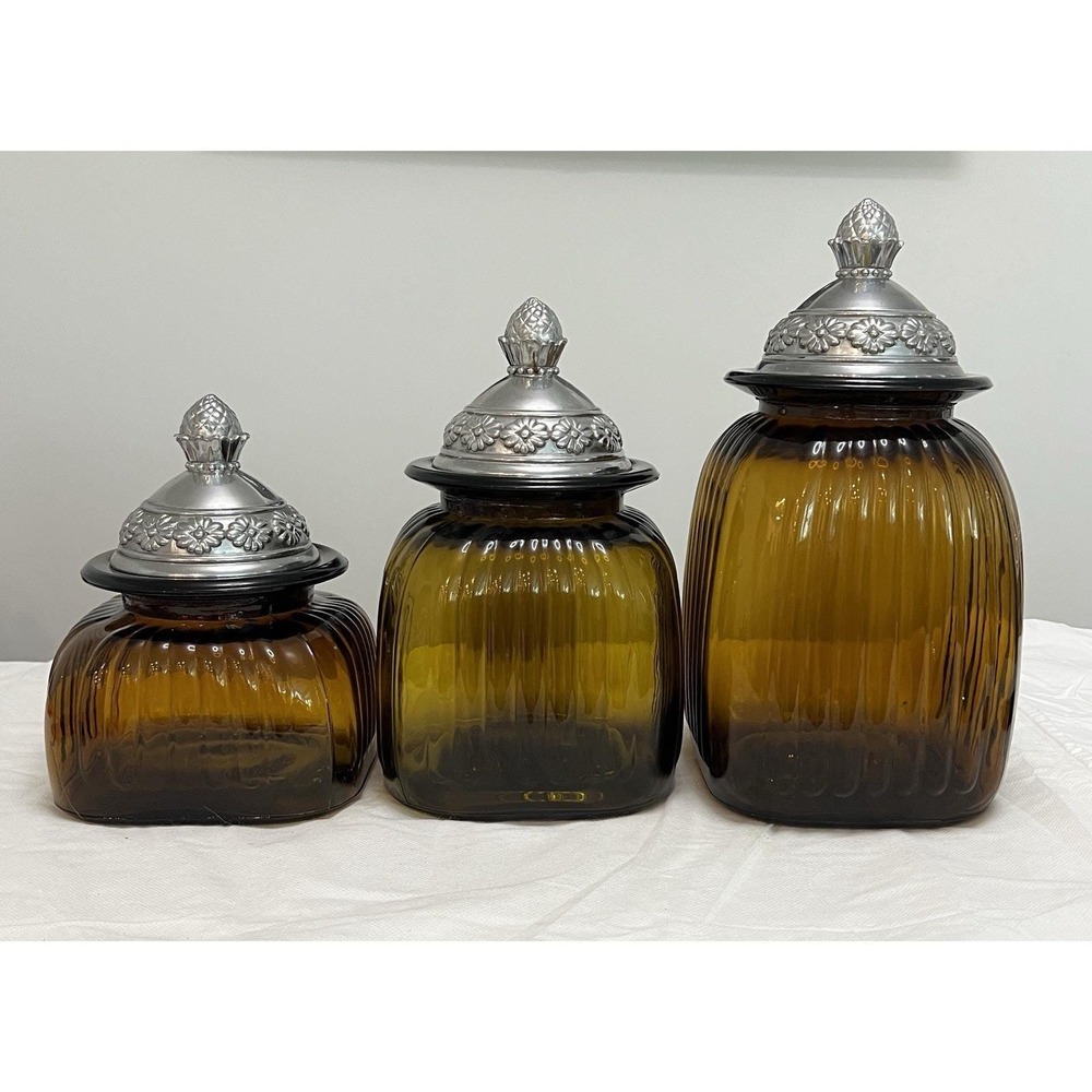 Vtg Artland ribbed amber glass canister Apothecary Mid Century Farm Retro